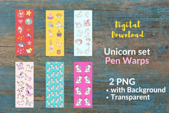 6 Pen Wraps, Unicorn Set – Graphics for Print Templates