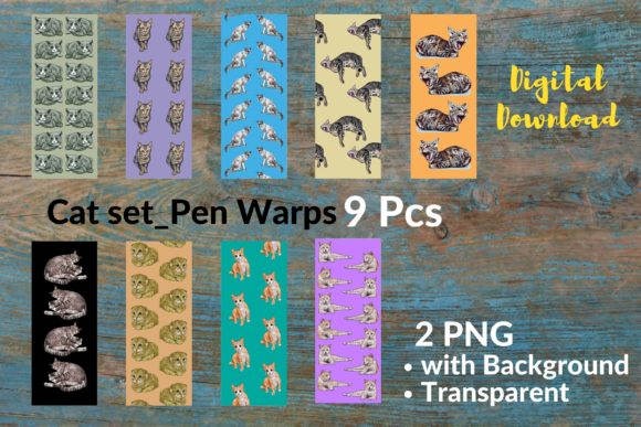 9 Pen Wraps, Cat Set for Cat Lover – Graphics for Print Templates