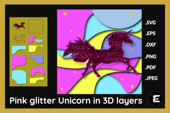 Pink Glitter Unicorn in 3D Layers for Shadow Boxes